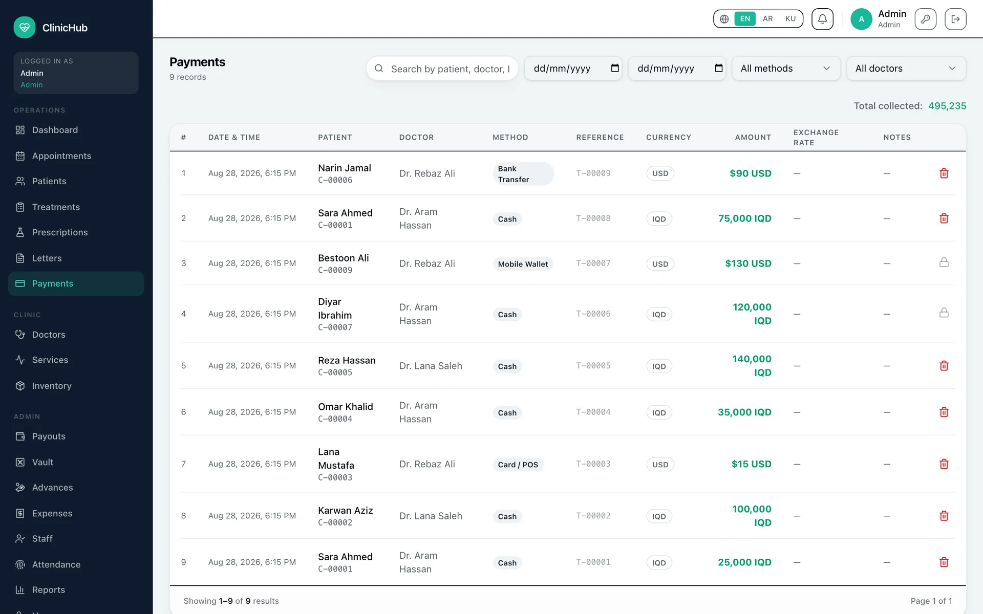 Payments with method, currency, and exchange rate