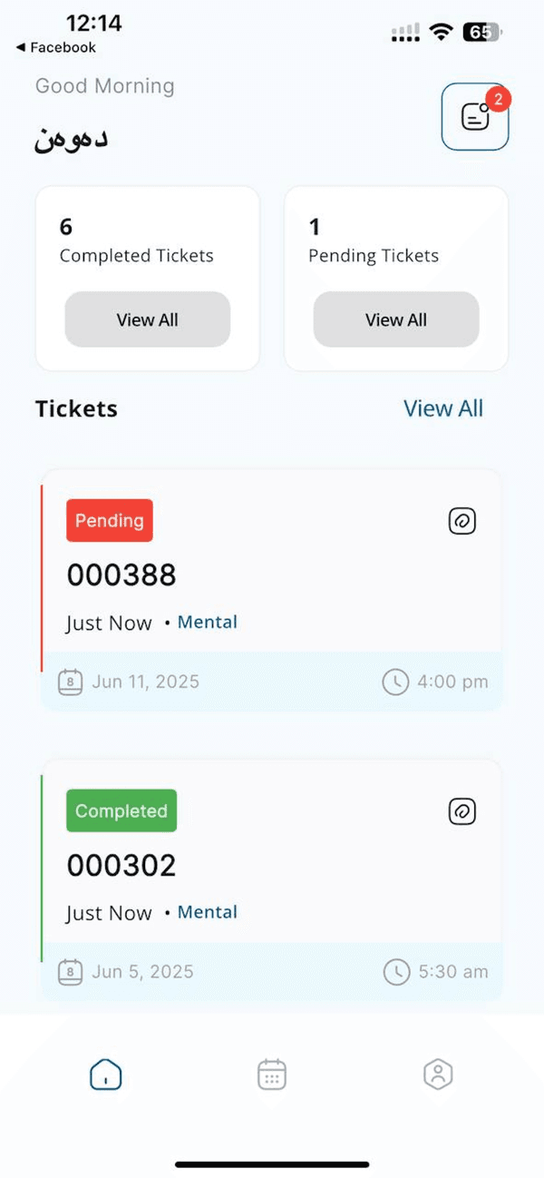 Doctor app dashboard with completed and pending tickets