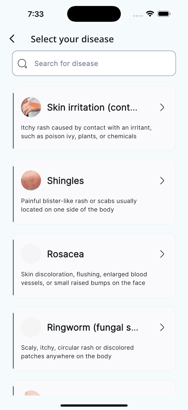 Patient app condition list with search
