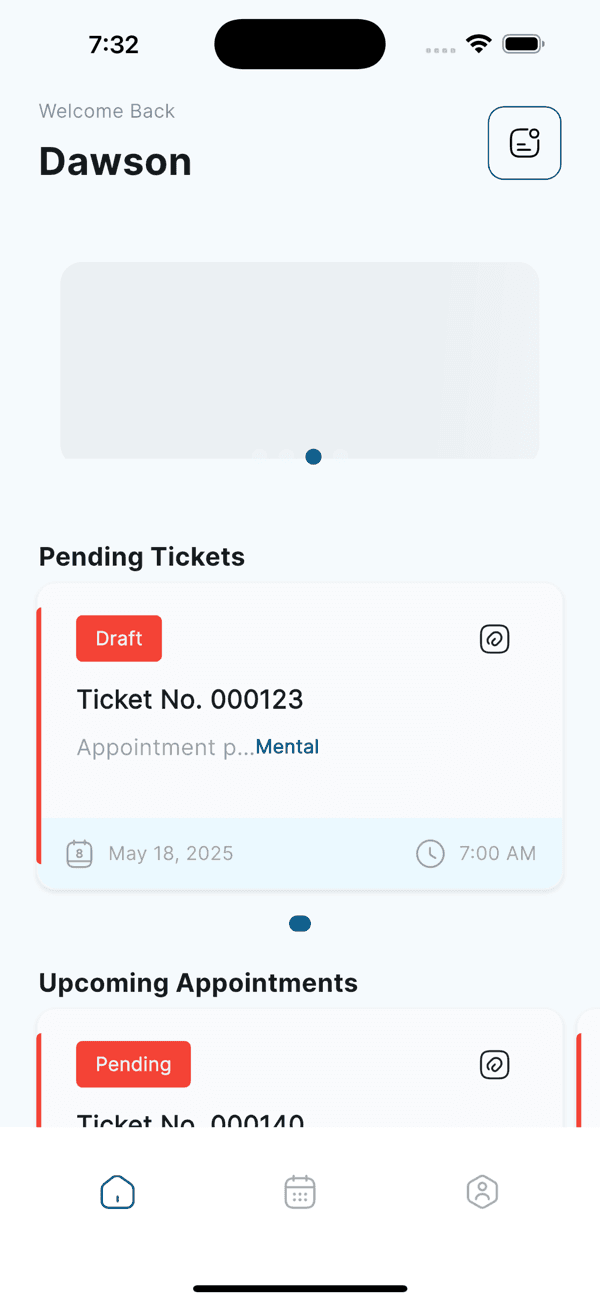 Patient app home with pending tickets and upcoming appointments